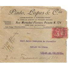 1916-Envelope com selo de 100Rs Tricentenário de Belem  circulado para Rio Preto, isolado