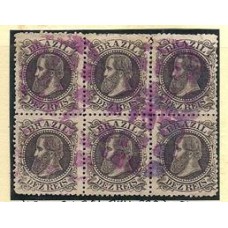 51-10Rs D.Pedro cabeça grande , preto , em bloco de 6 selos usados