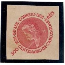 0107-300Rs Centenário de Carlos Gomes, vermelho, prova sem filigrana em papel fino