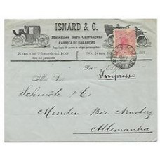 1906-Envelope p/ Alemanha com 100Rs Madrugada,  c/publicidade de carruagens e automoveis