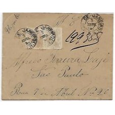 1888-Envelope registrado do Rio p/ S.Paulo c/ 200Rs Cabeça Grande e 100Rs Fundo Linhado