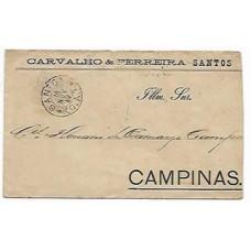 1887-Envelope para Campinas com 100Rs Cifra Branca, cbo de saída "Santos (C.A.)" circular