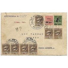 1932-Envelope Expresso circulado de Pelotas a Porto Alegre via Varig, com 7 selos de 50Rs e selo sobrecarga  "700Rs  E"