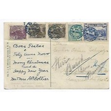 1922-Bilhete postal para os EUA com selo de 100Rs Grito do Ipiranga e selos  da emissão Vovó , cbo "Posted on High See"