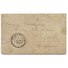 1890-Envelope para a Belgica porteado em 200Rs com par de 100Rs Cifra Escura, carimbo de saída "Itapemirim" circular comum
