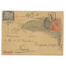 1892-Carta Bilhete de 80Rs circulada para a Franca e taxada no destino em 30 Centimes porque o porte correto seria 200Rs. Rara.