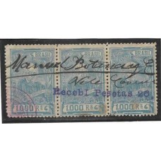 Imposto Consular-043- 1.000Rs, tira de 3 selos, carimbo " recebi pesetas 26"