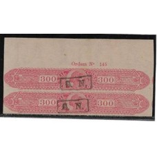 Imposto de Bebidas-325- 300Rs, vermelho, sem denteação, filigrana Casa da Moeda, emissão de 1910/14, par margem superior da folha com o numero de ordem da emissão