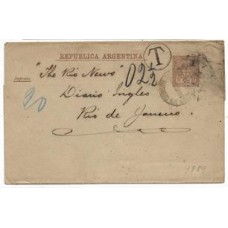 1889-Cinta de Jornal de 1/2 centavo da Argentina para o Rio de Janeiro, taxada por insuficiência á chegada em 20Rs conforme anotação a lapis de cera azul