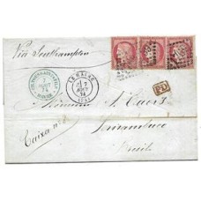 1874-Carta do Havre a Pernambuco , porteada em 2Fr40 Centimes com  3 selos Ceres, cbo "P.D." denotativo de porte pago até o destino, conforme o 3 porte da Convenção Brasil-França