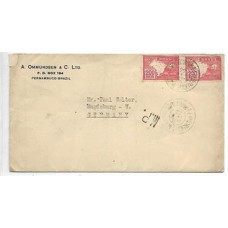 1927-Envelope circulado de Pernambuco para a Alemanha porteado em 400Rs de acordo com o 1 porte internacional com par de selos de 200Rs Centenario dos Cursos Juridicos