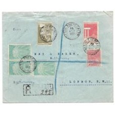 1930-Envelope registrado de V.Thereza para a Inglaterra porteado em 1100Rs com selos de 300Rs , 200Rs e 3 de 100Rs Congresso de Arquitetura e 300Rs emissão "Vovó". 1930-Envelope registrado de V.Thereza para a Inglaterra porteado em 1100Rs com selos de 300Rs , 200Rs e 3 de 100Rs Congresso de Arquitetura e 300Rs emissão "Vovó".