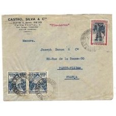 1939-Envelope circulado por via aerea do Rio para a Franca porteado em 10.800Rs de acordo com o 2 porte aereo para a Europa, com selo de 10.000Rs Turismo e par de 400Rs Sesquicentenario da Constituição Americana