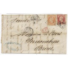 1866-Carta do Havre para Pernambuco porteada em 1Fr20 conforme o 4 porte frances para cartas fora de Convenção Postal com selos de 80 e 40 Centimes, Napoleon denteados,cbo "PP" de porte parcial 
