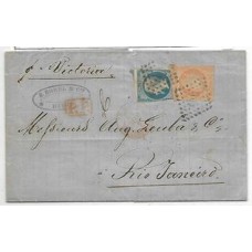 1859-Carta do Havre para o Rio porteada em 60 centimes conforme o 2 porte frances para cartas fora de Convenção Postal com selos de 40 e 20 Centimes, Napoleon sem denteação ,cbo "PP" de porte parcial 