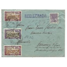 1935-Envelope registrado de Porto Alegre para a Alemanha  porteado em 1400Rs de acordo com o porte internacioinal registrado com 2 selos de 200Rs e selo de 300Rs Fundação  de Pernambuco e selo reguilar de 700Rs