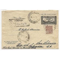 1935-Envelope registrado de Curitiba para El Salvador, porteado em 700Rs com selo de 200Rs VII Feira de Amostras e selo regular de 500Rs de acordo com o porte panamericano