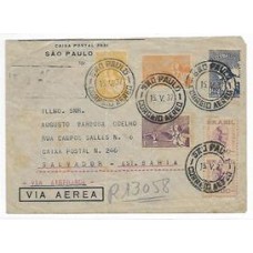 1937-Envelope registrado de S.Paulo para a Bahia via aerea porteado com par de 1200Rs Visconde de Cairu e com a serie da Visita do Presidente Gabriel Terra