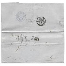 1866-Carta circulada do Rio de Janeiro para o Porto pelo vapor Rhone da Royal Mail com porte marítimo português de 750Rs correspondênte ao 5º porte para vapores subsidiados.