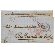 1867-Carta circulada da Alemanha para o Rio Grande do Sul via Londres com porte alemão de 14 1/4 Groshen, porte inglês de 1 Shilling conforme previsto na Convençao Brasil Inglaterra de 1853