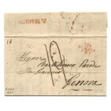 1841-Carta circulada  da Bahia para Genova transportada por navio mercante  com carimbo de chegada "Via di Mare(E)" e porte de 12 decimos, é original e está em bom estado de conservação.
