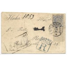 1889-Envelope registrado de S.Paulo para a Italia porteado em 400Rs de acordo com o 1º porte internacional registrado com selos de 300Rs tipo Cruzeiro do Sul e 100Rs Cifra escura, obliterados com o carimbo " Estação da Luz".