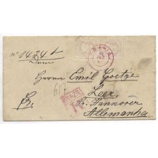 1887-Envelope registrado da Bahia para a Alemanha porteado em 400Rs de acordo com o 1º porte internacional registrado com par de 200Rs D.Pedro "Cabeça Grande" na cor rosa, obliterados com carimbo "Bahia" batido em vermelho.