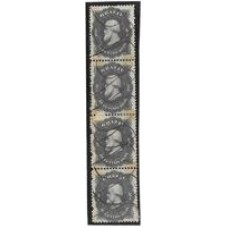 28-200Rs D.Pedro "Barba Preta", tira vertical de 4 selos obliterada á pena. Única reportada no estudo da revista Mosaico.