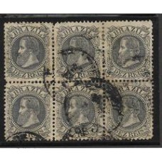 51-10Rs D.Pedro "Cabeça Grande", preto, em bloco de 6 selos, usado.