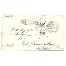 1838-Carta do Rio para a Holanda, via França, com marca de entrada "Pays D'outremer par le Havre", cbo "TF' denotativo de transito pela França, cbo de entrada na Holanda no verso "France over Br...la!", porte de 80 Dutch cents