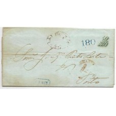 1851-Carta circulada de Penedo, Alagoas, para o Porto  por vapor inglês , 2º porte maritimo português de 180Rs acrescido de 40Rs pelo trajeto de Lisboa ao Porto, imposto da Ley do Selo de 5Rs  conforme carimbo oval batido em sepia