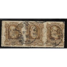 44/44L-300Rs D.Pedro "Barba Branca", em tira de 3 selos, usada, com legenda no selo da esquerda