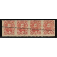 30-10Rs D.Pedro "Percê", em tira de 4 selos, obliterada á pena na horizontal e na vertical no 2º selo.
