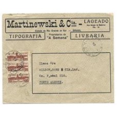 1934-Envelope circulado em 20/06/34 de Lageado para Porto Alegre porteado em 300Rs de acordo com o 1º porte nacional  com tira de 3 selos de 100Rs Pró Aeroportos, denteação 11.