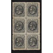 51-10Rs D.Pedro Cabeça Grande, preto, em bloco de 6 obliterado á pena