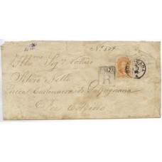 1886-Envelope registrado para a italia, porteado em 600Rs de acordo com o 2º porte mais o registro, com selo de 500Rs D.Pedro Percê e 100Rs Cifra Branca, cbo "Sorocaba"