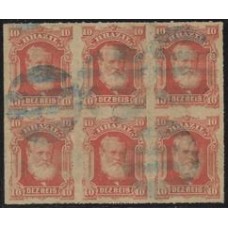 10Rs D.Pedro, bloco de 6 selos, usado.