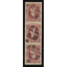40-80Rs D.Pedro Barba Branca, tira de 3 selos usada, vertical. Única conhecida na vertical.