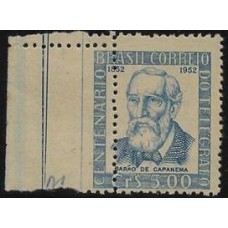 0279-Centenário do Telegrafo, Barão de Capanema, com denteação atípica  da esquerda deslocada porem sem que o mesmo ocorra na margem direita