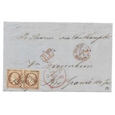 1857-Capa de carta da França para o Brasil via Inglaterra com par de selos de 40 centimes tipo Napoleon sem denteação, de acordo com Convenção França-Inglaterra, carimbo "P.P." e "London Paid"
