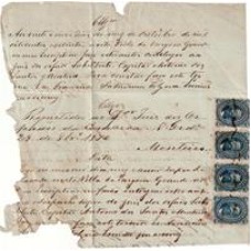 1870-Fragmento grande de Auto de Processo com tira de 4 selos de 50Rs D.Pedro "Barba Preta" 