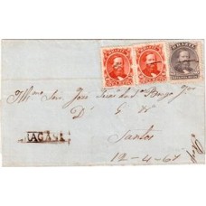 1867-Capa de carta  circulada para Santos com selo de 80Rs e 2 selos de 10Rs D.Pedro Barba Preta obliterados á pena , carimbo de saída "Bragansa" linear com cercadura.