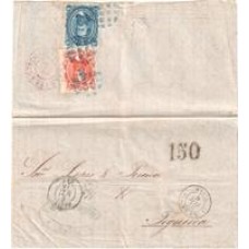 1870-Carta circulada da Bahia para Portugal por vapor francês com 50Rs e 10Rs D.Pedro Barba Preta, 1º porte da Convenção Brasil-França, carimbo "P.Transatlantico" batido sobre o 10Rs