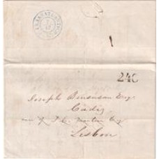 1857-Carta circulada de Rio Grande para Cadiz via Lisboa encaminhada por Agente de Despachos "E.Martin Esq", porte maritimo português de 240Rse carimbo "P.Transatlantico" batido em azul